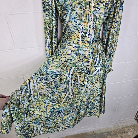 Vtg 70s dagger pointed collar button up long sleeve silky nylon secretary dress - Picture 8 of 10